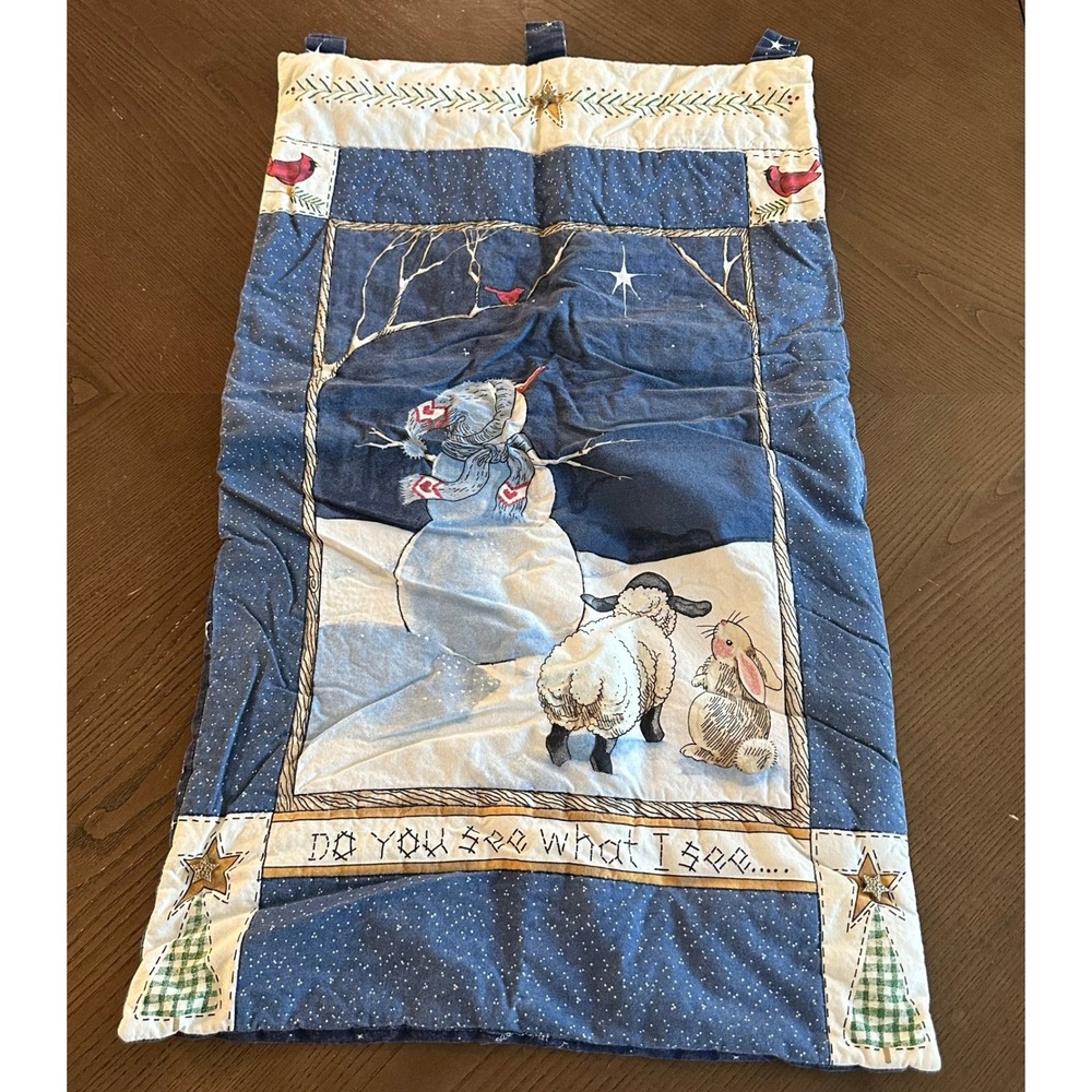 Vintage Quilted Wall Hanging Snowman Sheep Rabbit Do You See What I See Blue